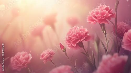 Delicate pink carnations in a soft, dreamy background, ideal for greeting cards with ample space for personalized messages.