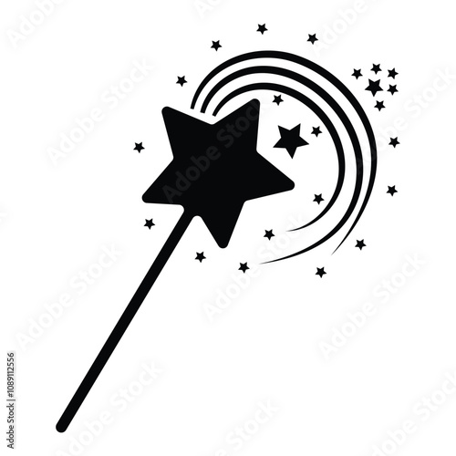 Magic wand with stars icon. Magic wand silhouette in simple style shiny stick icon for print and design. Black magic wand icon isolated on white background. Vector illustration. EPS 10