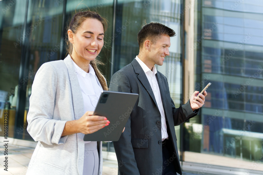 Business Professionals Using Digital Devices for Communication Outside Modern Office Building During Afternoon Business Professionals Using Digital Devices for Communication Outside Modern Office Building During Afternoon