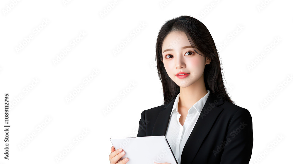 A professional woman holding a tablet, dressed in business attire. Transparent background. A professional woman holding a tablet, dressed in business attire. Transparent background.