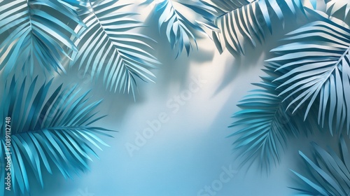 Tropical abstract design showcasing shadows of palm leaves on a soft gradient backdrop in calming blue and mint hues with gentle lighting effects.