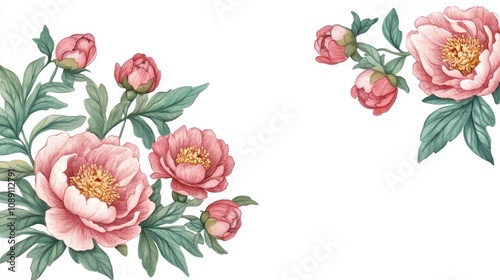 Floral corner decoration with pink peonies and lush green leaves on a white background, ideal for banners and designs with ample copy space.