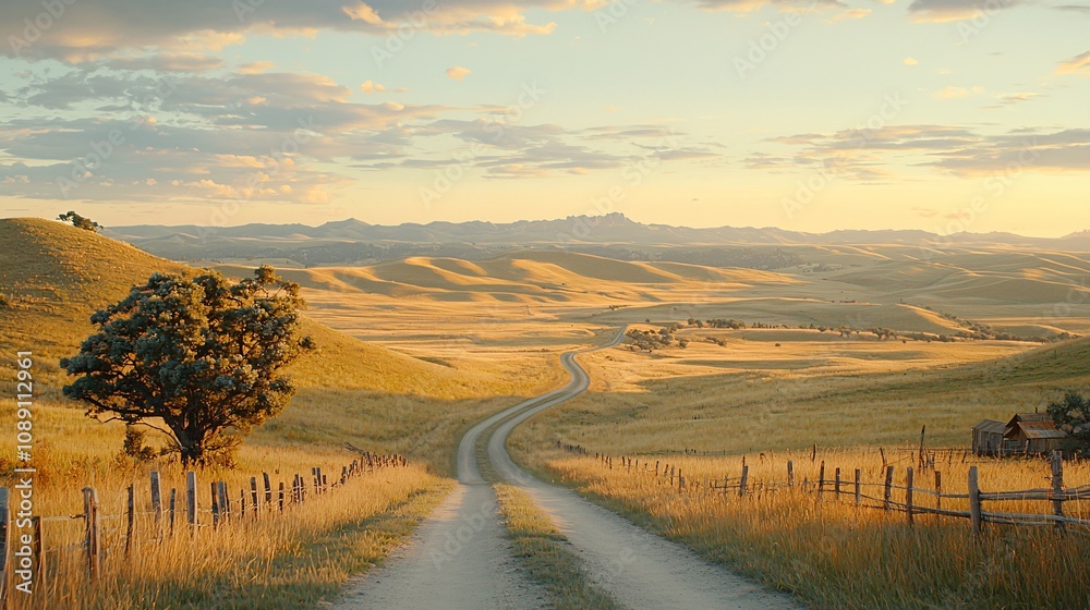 Fototapeta premium Serene Country Road in Golden Hour Light