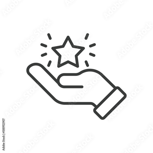 Shining star on a hand, icon in line design. Star, hand, shining, success, achievement, hope, aspiration on white background vector. Shining star on a hand editable stroke icon