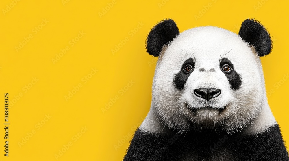 Panda portrait with a sweet expression, set against a vibrant yellow background, perfect for advertising banners and promotional text placement. Panda portrait with a sweet expression, set against a vibrant yellow background, perfect for advertising banners and promotional text placement.