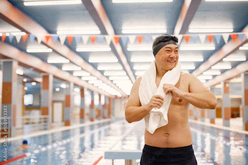 Asian man standing in indoors swimming pool with a towel on his shoulders Asian man standing in indoors swimming pool with a towel on his shoulders