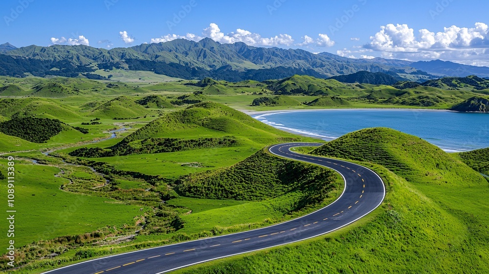 Fototapeta premium Scenic Winding Road Through Lush Green Landscape