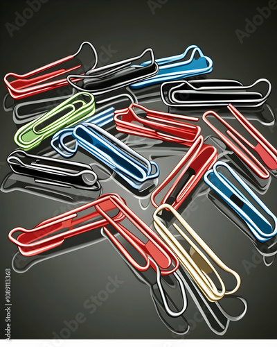 Colorful paperclips scattered on a dark surface. photo