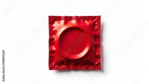 Glossy red condom wrapper with sealed edges and a reflective finish, set against a clean white background for a bold and minimalistic look.
