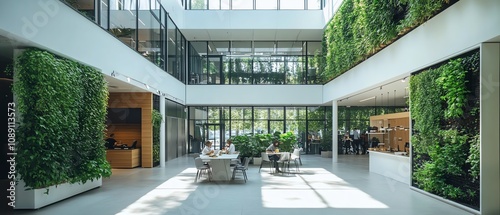 Office building with modern urban farm, plants growing on white walls, green sustainable technology, people eating lunch, ecoconscious office environment photo