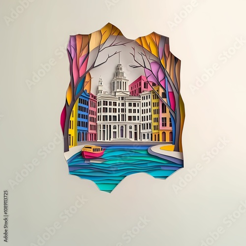 Brockton, Massachusetts, paper cut illustration - A paper cut of a city with a boat