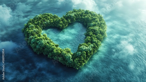 Aerial perspective of a heart-shaped island lush with greenery, surrounded by tranquil waters, symbolizing environmental commitment and sustainability.