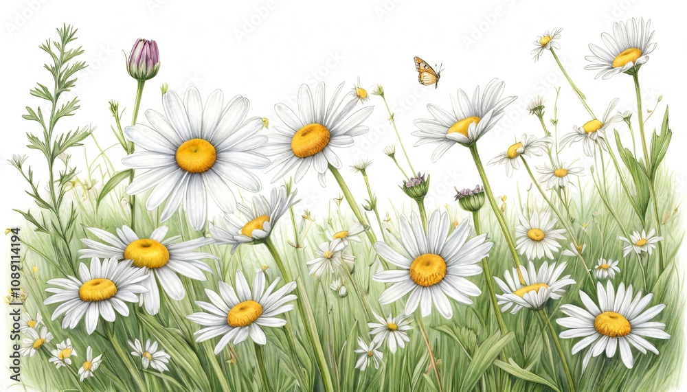 Obraz premium Vibrant daisy field with butterflies and wildflowers capturing summer's natural beauty