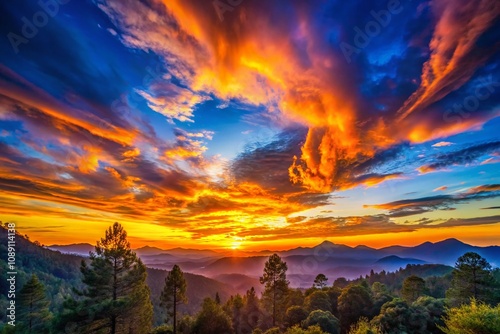 Breathtaking Panoramic View of a Two-Colored Sky at Sunset with Vibrant Hues of Orange and Blue, Capturing the Majestic Beauty of Nature's Evening Canvas