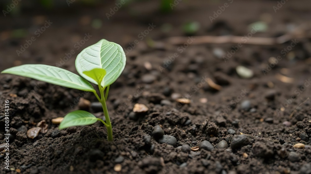 Young coffee bean seedling emerging from soil in a nursery, grow, sprouting, tropical plants