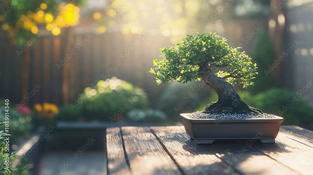 A delicate bonsai tree on a wooden table in a tranquil garden, illuminated by soft sunlight, symbolizing peace, nature, and the art of balance A delicate bonsai tree on a wooden table in a tranquil garden, illuminated by soft sunlight, symbolizing peace, nature, and the art of balance