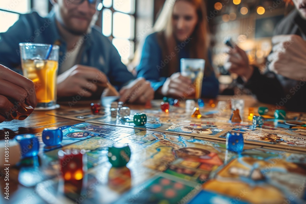 A group of friends gathers around a table, playing a strategy board game with colorful pieces while enjoying refreshing beverages in a vibrant cafe setting A group of friends gathers around a table, playing a strategy board game with colorful pieces while enjoying refreshing beverages in a vibrant cafe setting