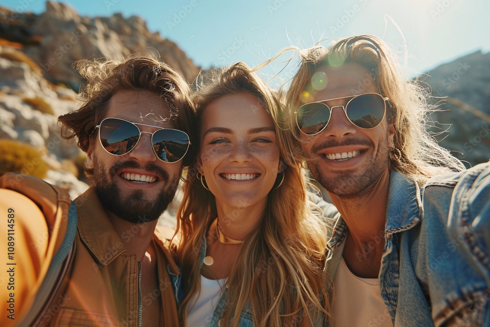 Three friends smile brightly for a selfie, embracing the warm sunlight in a stunning mountainous area. The joy of their adventure is clear as they pose against a beautiful backdrop Three friends smile brightly for a selfie, embracing the warm sunlight in a stunning mountainous area. The joy of their adventure is clear as they pose against a beautiful backdrop