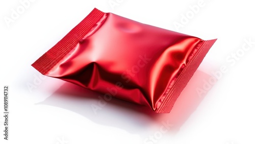 A shiny red condom wrapper mockup with reflective foil and textured edges, featured on a minimalistic white background.