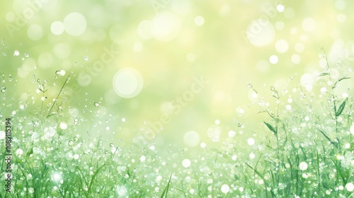 Large dew droplets glistening in sunlight on vibrant green grass with a dreamy light green bokeh background, showcasing nature's beauty and freshness.