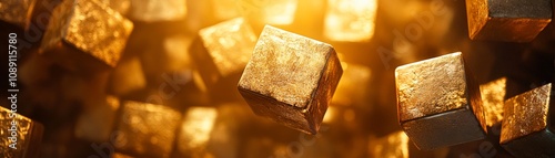 Golden cubes floating against a glowing background create a captivating visual ideal for themes of wealth, luxury, investment, and finance, suitable for marketing materials or financial articles, photo