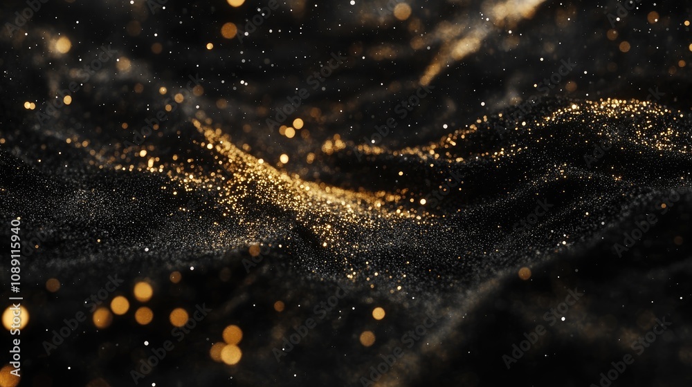 Black background filled with shimmering golden sparkles creating a mesmerizing effect, perfect for festive themes and artistic projects. Black background filled with shimmering golden sparkles creating a mesmerizing effect, perfect for festive themes and artistic projects.