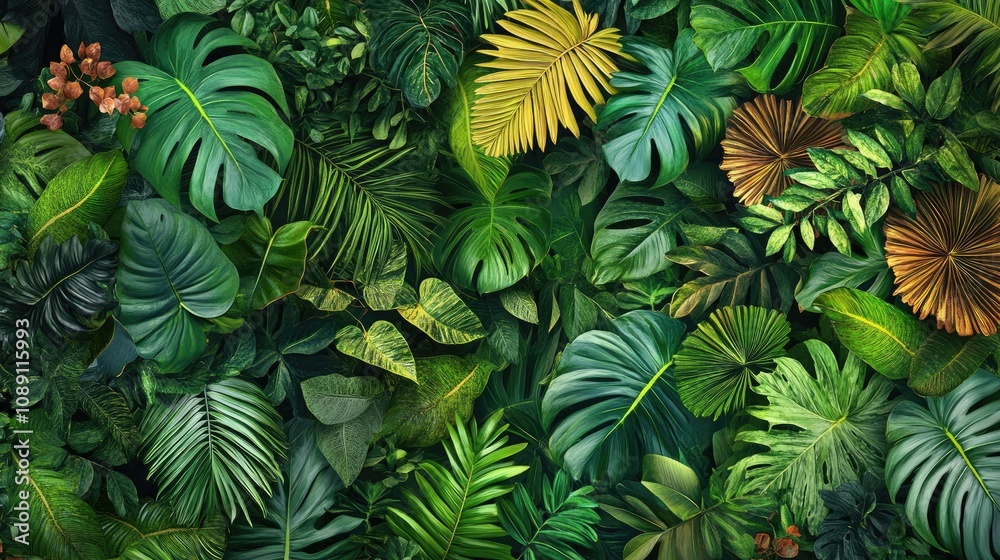 Naklejka premium Aerial view of a lush jungle featuring a variety of vibrant green leaves and tropical plants, highlighting rich textures and diverse botanical elements.