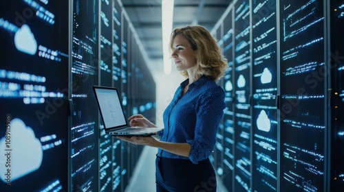Data center operations tech professional managing servers corporate facility digital infrastructure indoor environment focus on efficiency