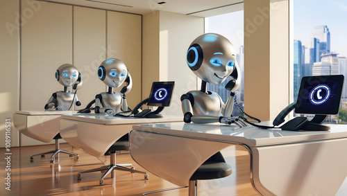 Futuristic Robots Working in a Call Center Office
