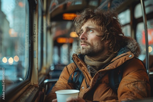 A man with curly hair sits on a bus, lost in thought as he gazes out of the window. He holds a cup in his hand, wrapped in a warm jacket, with city lights softly glowing outside