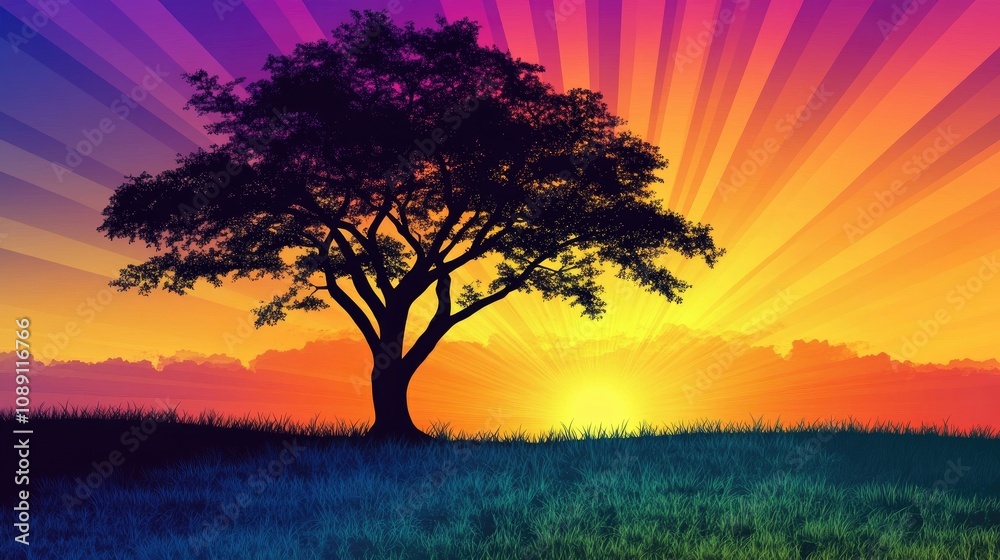 Obraz premium Silhouetted tree against a vibrant sunset with radiant colors illuminating the savanna landscape and grassy foreground.