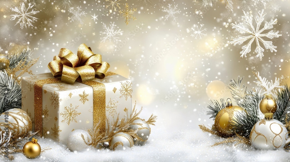 Elegant winter backdrop with a gold-accented gift, decorative gold ornaments, and snowflakes, creating a festive frame for promotional text. Elegant winter backdrop with a gold-accented gift, decorative gold ornaments, and snowflakes, creating a festive frame for promotional text.