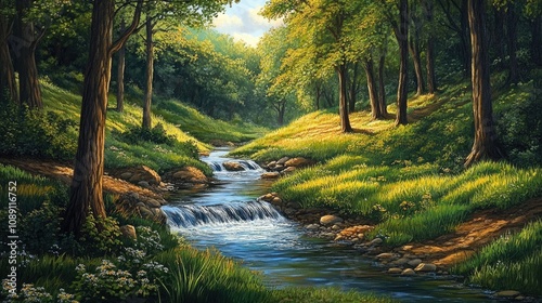 A tranquil stream meanders through a vibrant forest, flanked by lush greenery, trees, and sunlit clearings, creating a peaceful natural scene.