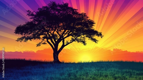 Silhouetted tree against a vibrant sunset with radiant colors illuminating the savanna landscape and grassy foreground.