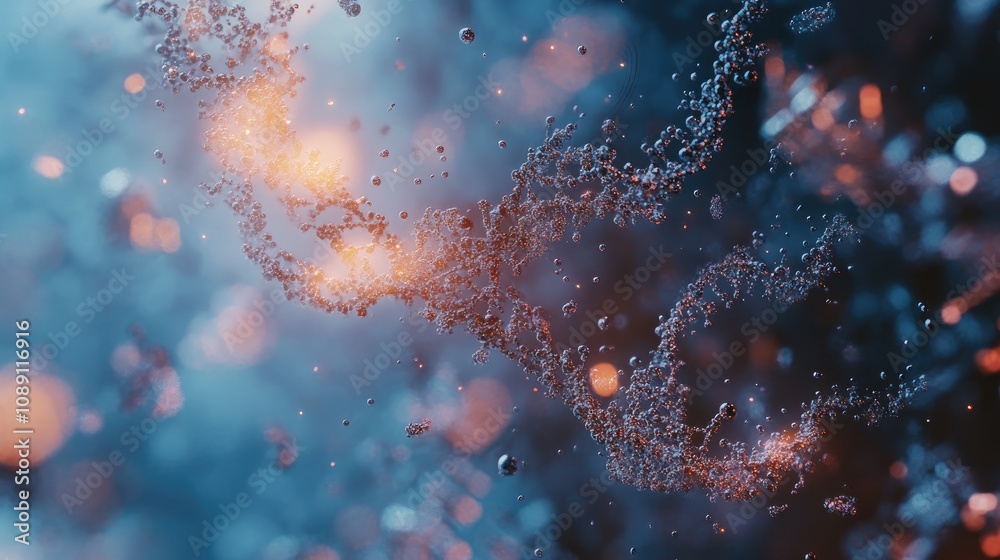 Abstract representation of a DNA helix surrounded by glowing particles and interconnected elements, illustrating themes of computational biology and dynamic disintegration. Abstract representation of a DNA helix surrounded by glowing particles and interconnected elements, illustrating themes of computational biology and dynamic disintegration.