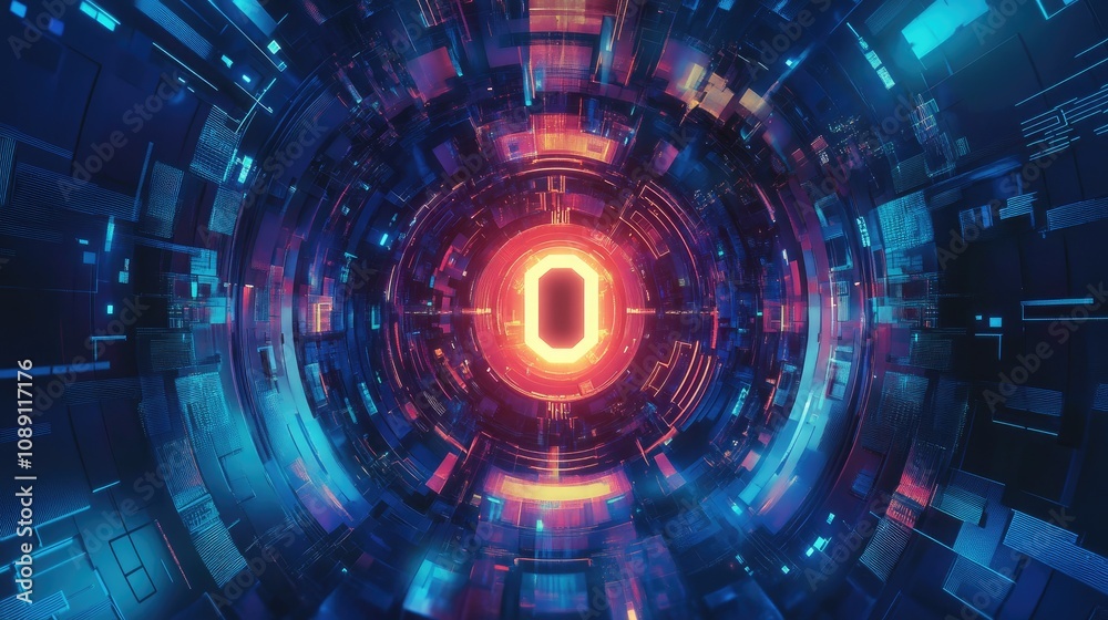 Obraz premium Futuristic digital abstraction featuring glowing elements and circular patterns, symbolizing one-time password authentication and enhanced cybersecurity.