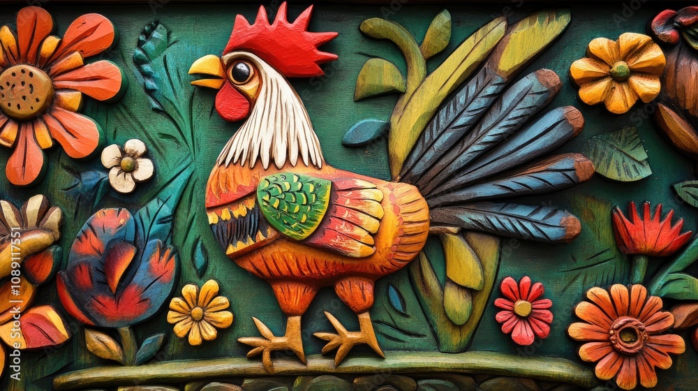 Obraz premium Vibrant Mexican folk art showcasing a wooden rooster carving surrounded by colorful flowers and lively bird motifs in a detailed, decorative scene.