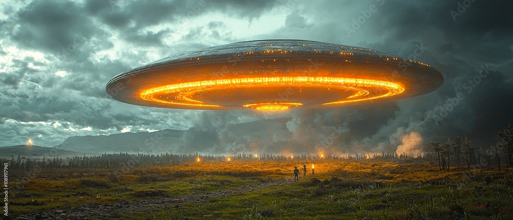 Easter Island seen from a distance, a gigantic classic circular flying saucer with led lights on bottom over the island,generative ai Easter Island seen from a distance, a gigantic classic circular flying saucer with led lights on bottom over the island,generative ai