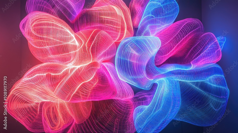 Fototapeta premium Neon pink and blue arcs intertwine beautifully, creating a mesmerizing light display against a deep black background, showcasing elegant swirling patterns.
