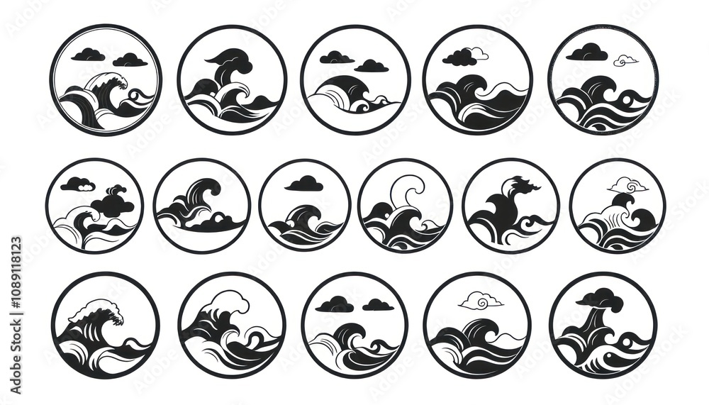 circular frames, each containing a stylized depiction of clouds or waves in a traditional Chinese or East Asian aesthetic. circular frames, each containing a stylized depiction of clouds or waves in a traditional Chinese or East Asian aesthetic.