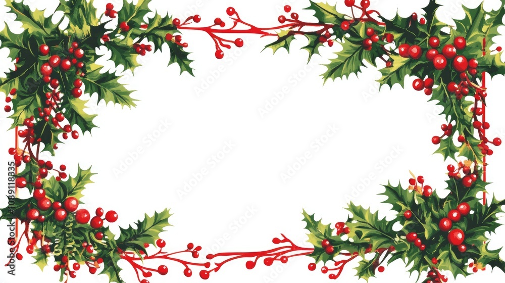 Fototapeta premium Vibrant red Christmas frame embellished with lush mistletoe branches and festive berries, perfect for holiday greetings and seasonal decorations.