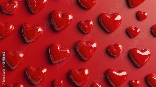 Valentine's Day backdrop showcasing a rich red surface adorned with glossy heart-shaped sugar cookies in varying sizes and depths.