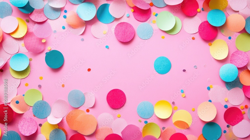 Scattered vibrant circular confetti pieces in various colors on a soft pink background, creating a festive and playful atmosphere. Scattered vibrant circular confetti pieces in various colors on a soft pink background, creating a festive and playful atmosphere.