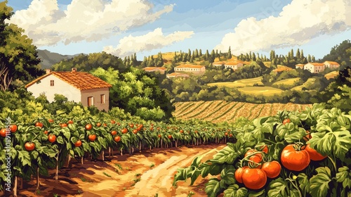 Vibrant tomato crops thriving in a picturesque rural farm landscape with rolling hills, a quaint house, and lush greenery under a bright blue sky.