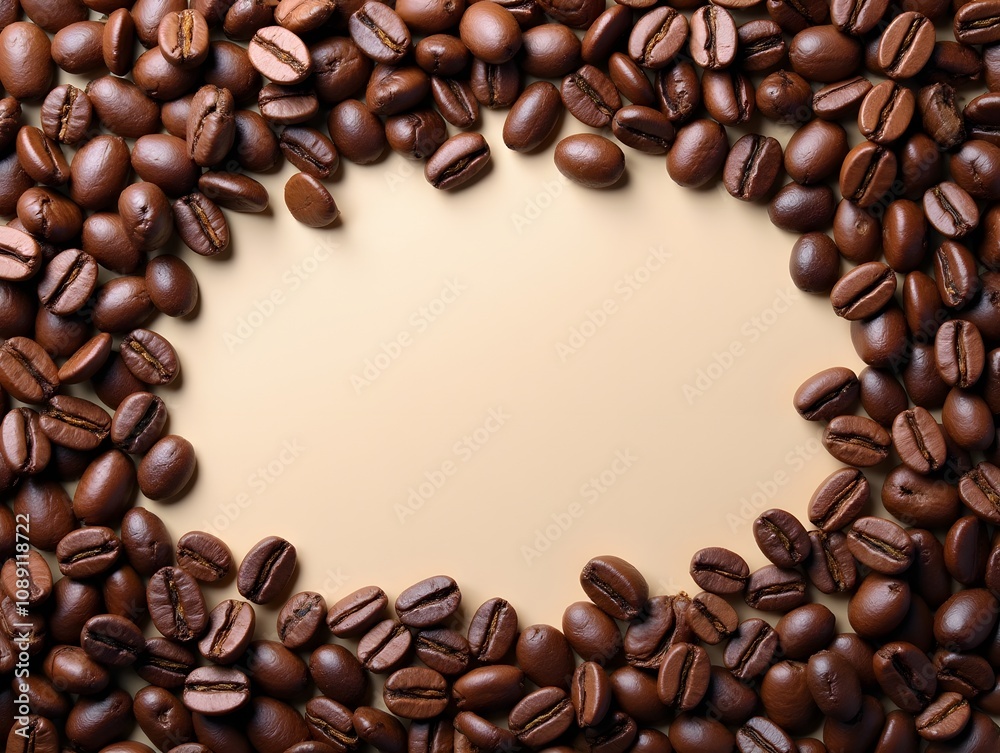 Vertically seamless background with top view of scattered roasted coffee beans surface and empty space. Blank frame template for cafes and restaurants. Vertically seamless background with top view of scattered roasted coffee beans surface and empty space. Blank frame template for cafes and restaurants.