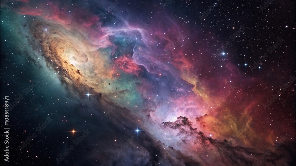 Fototapeta premium Swirling clouds of color in a deep space background, purple, yellow, shimmering, nebula, green