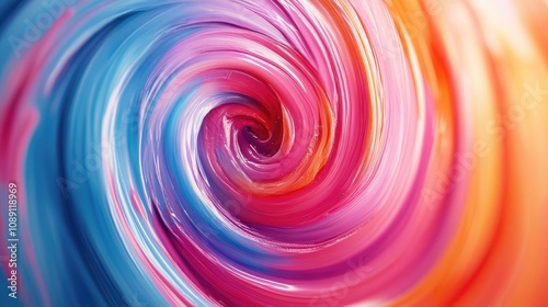 Vibrant swirls of pink, blue, and orange paint blend together in a dynamic, colorful spiral showcasing rich textures and movement.