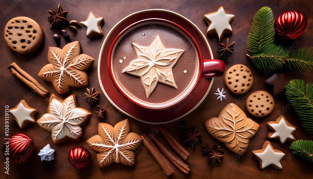 Cozy Christmas arrangement with hot cocoa and festive cookies on a wooden table. Generative AI Cozy Christmas arrangement with hot cocoa and festive cookies on a wooden table. Generative AI