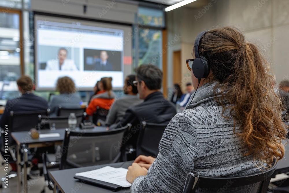 Obraz premium A group of students attentively participates in a hybrid learning session, listening through headphones as they follow video conference lectures in a well-lit, contemporary classroom environment
