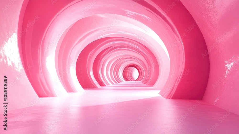 Obraz premium Futuristic abstract tunnel with glowing pink neon contours, emphasizing geometric shapes and themes of data, quantum computing, and virtual reality.